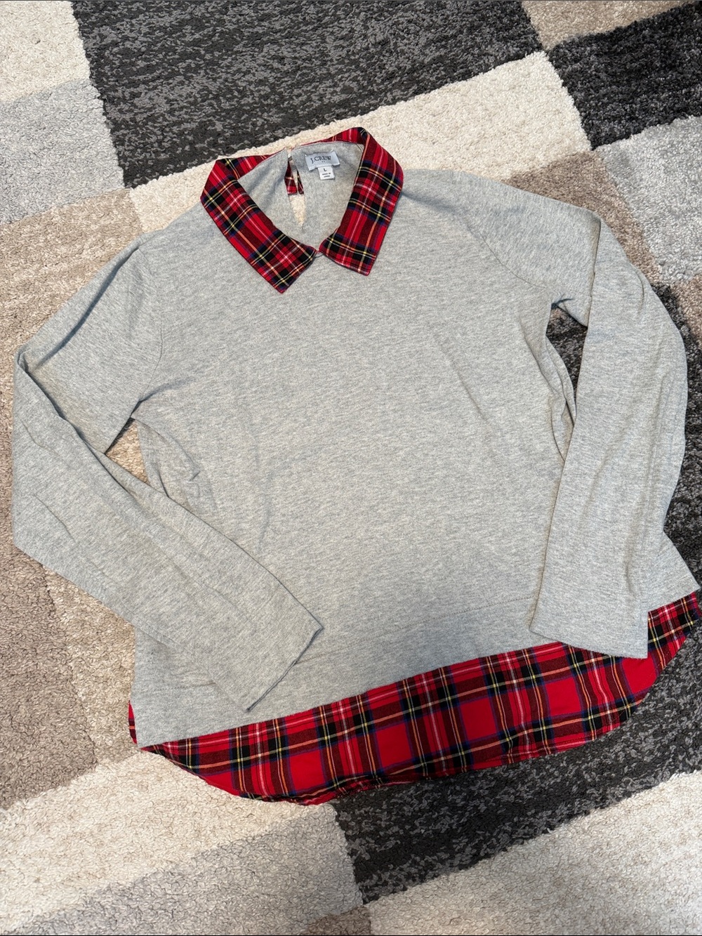 J. Crew Christmas / holiday sweater, grey w/ red plaid collar / hem, size L EUC!